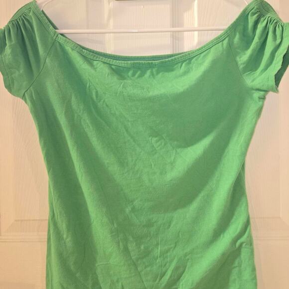 Vintage Bebe Off-the-Shoulder Green Top with Rhinestone Logo - Picture 2 of 4